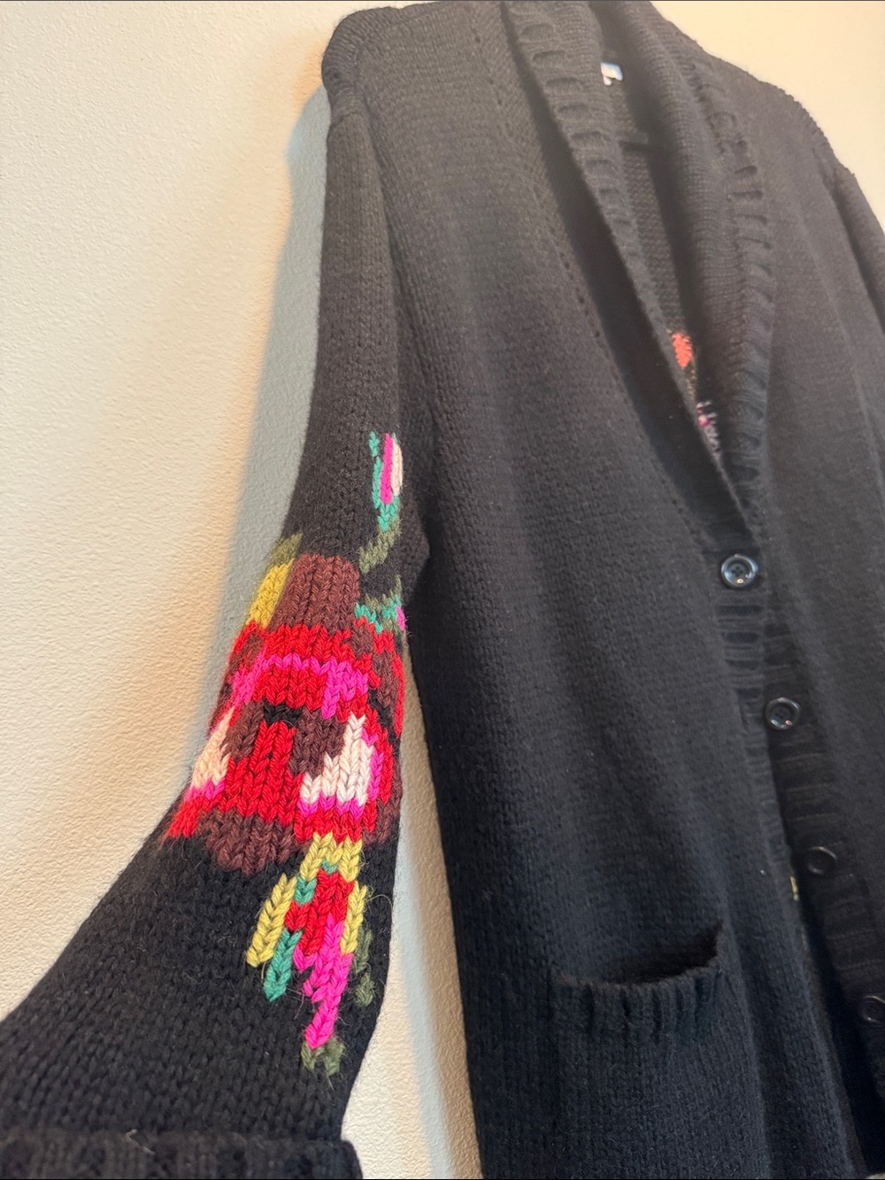 Johnny Was Black Shawl-Collar Cardigan with Multicolor Floral Sleeves - Picture 3 of 6
